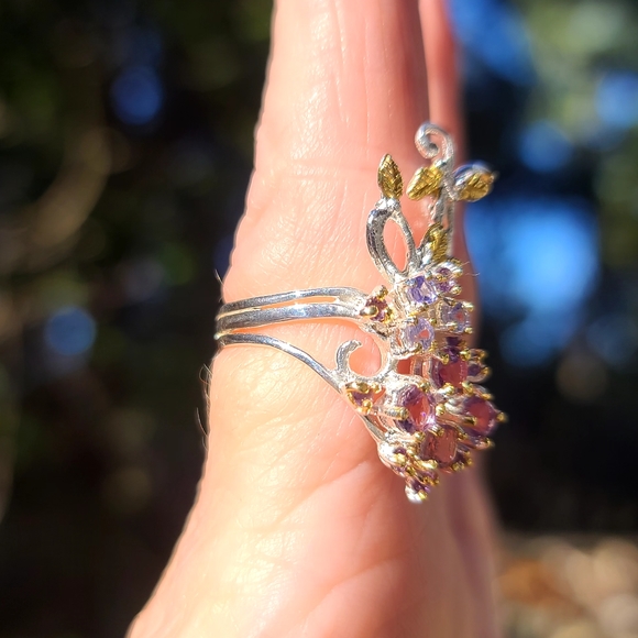 Amethyst & Topaz floral sterling & gold finger cuff sz7.75 - Picture 9 of 12
